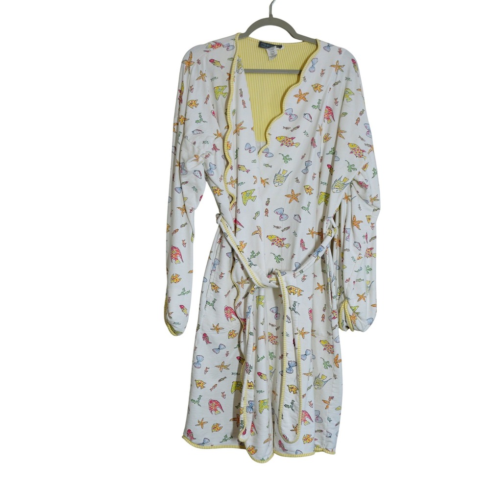 Vintage Prima Donna Cotton Robe Small Fish Starfish Print Yellow Trim Beach 90s